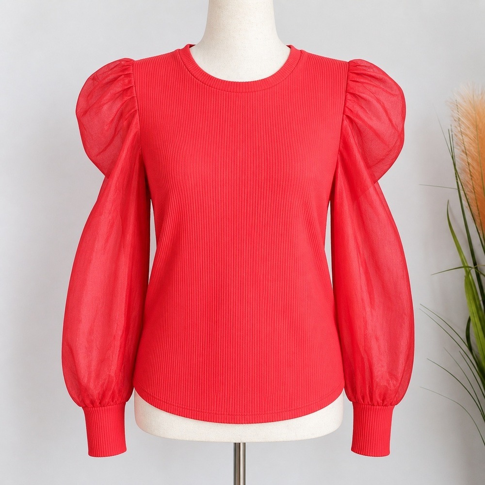 Anthropologie NEW Dolan Organza Red Puff Sleeve Top Blouse SZ XL Dark Coquette - Picture 2 of 13